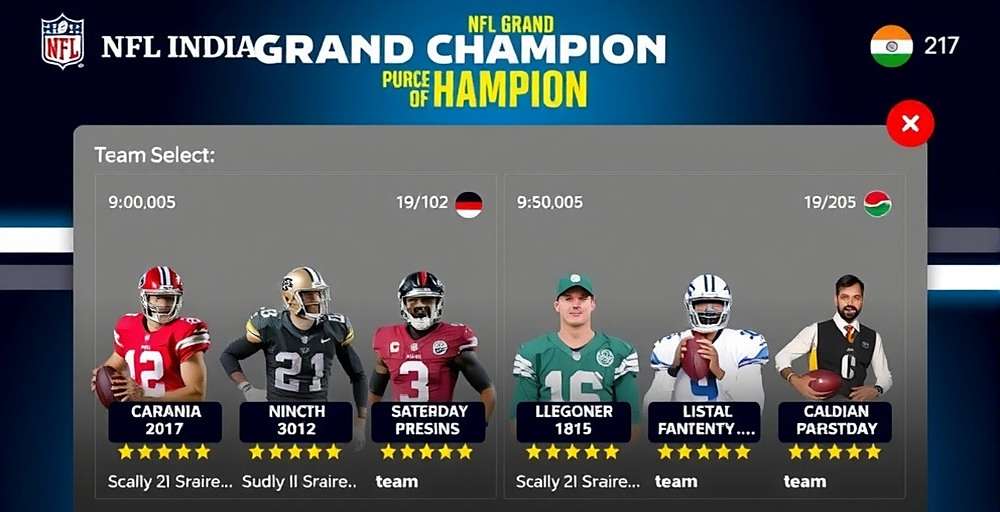 NFL India Grand Champion team selection screen showing NFL teams alongside Indian fantasy teams